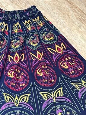 Boho Navy Maxi Skirt with Colorful Elephant Camel Peacock Medallions